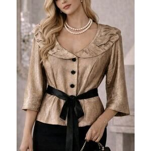 Vintage Dressbarn Old Money Metallic Belted Blazer XL Gold Victorian Regency
